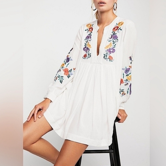 Free People Dresses & Skirts - Free People Mia Embroidered Gauze Mini Dress White Boho Peasant Small